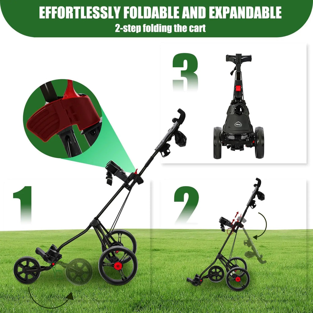 3-Wheel Golf Push Cart , Lightweight & Quick Fold, Adjustable Handle, Cup Holder