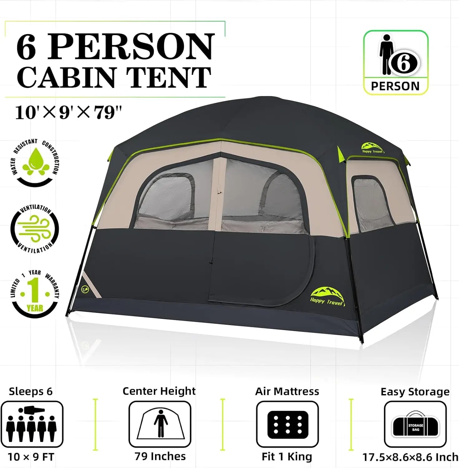 6-Person Waterproof Camping Tent with Rainfly, Easy Setup Family Cabin Tent for Outdoor Adventures