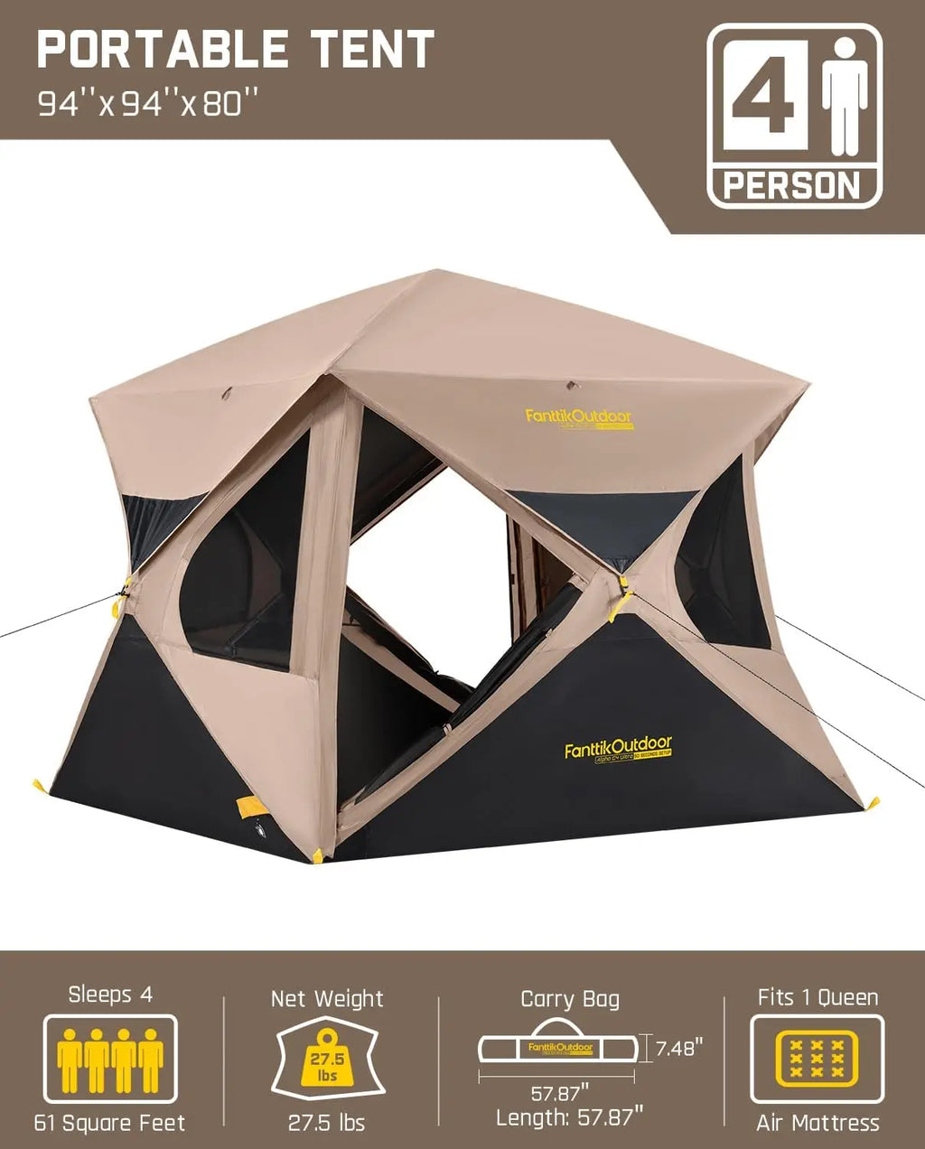 4 Person Pop Up Instant Cabin Tent 60 Second Setup